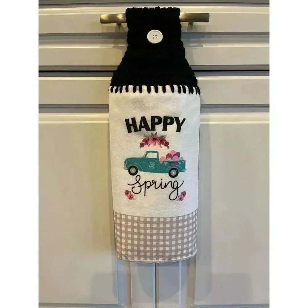 Crochet Top Kitchen Towel- Happy Spring